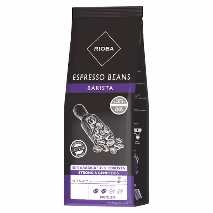RIOBA Cafea boabe Espresso Barista (Silver) 55% Arabica 45% Robusta 1 kg beau la firme, domiciliu cu livrare la usa, pret
